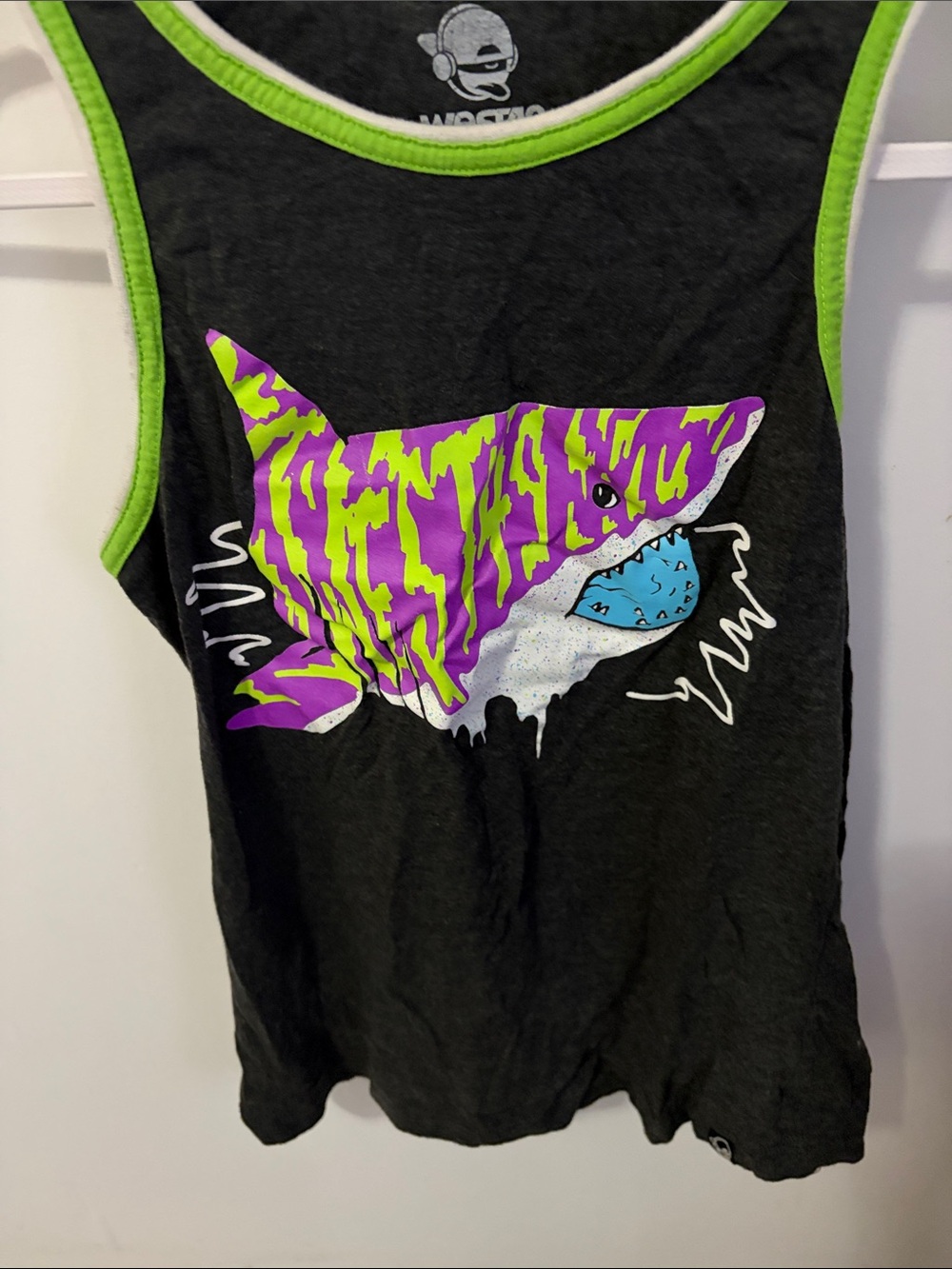 Black Tank Top with Neon Shark Graphic by